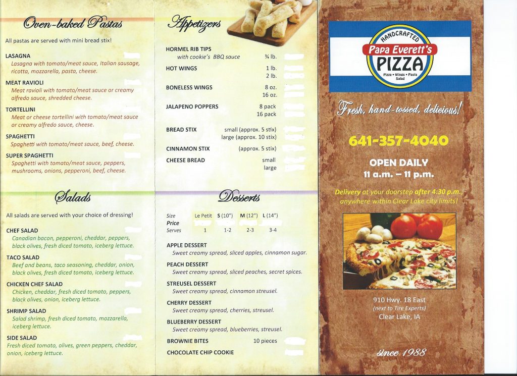 Papa Everett's menu back